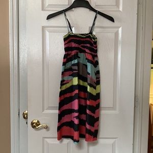 Y2K Neon Zebra Print Abstract Art Smocked Shirring Dress